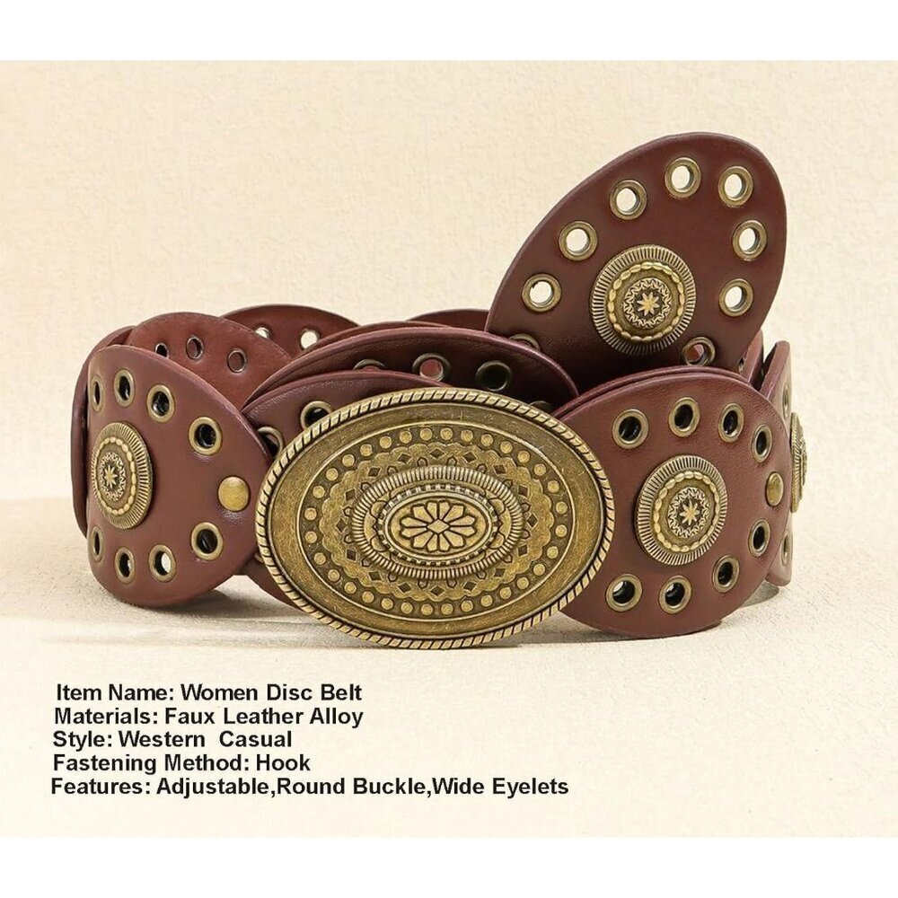 Women's Wide Western Disc Belt Vintage Cowgirl Concho Leather Belts Boho Style - Picture 3 of 6
